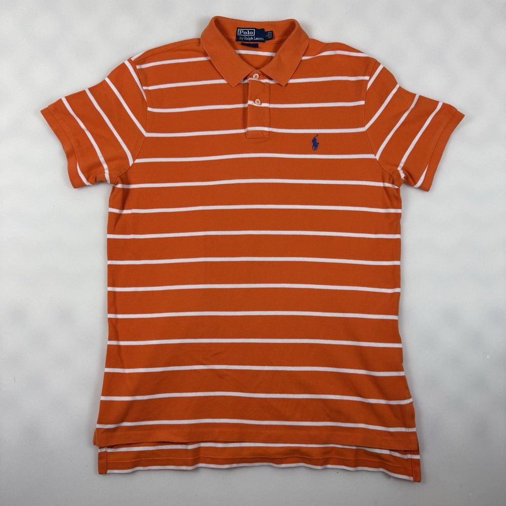 Polo Ralph Lauren Mens Large Orange White Striped Custom Fit Short Sleeve Polo